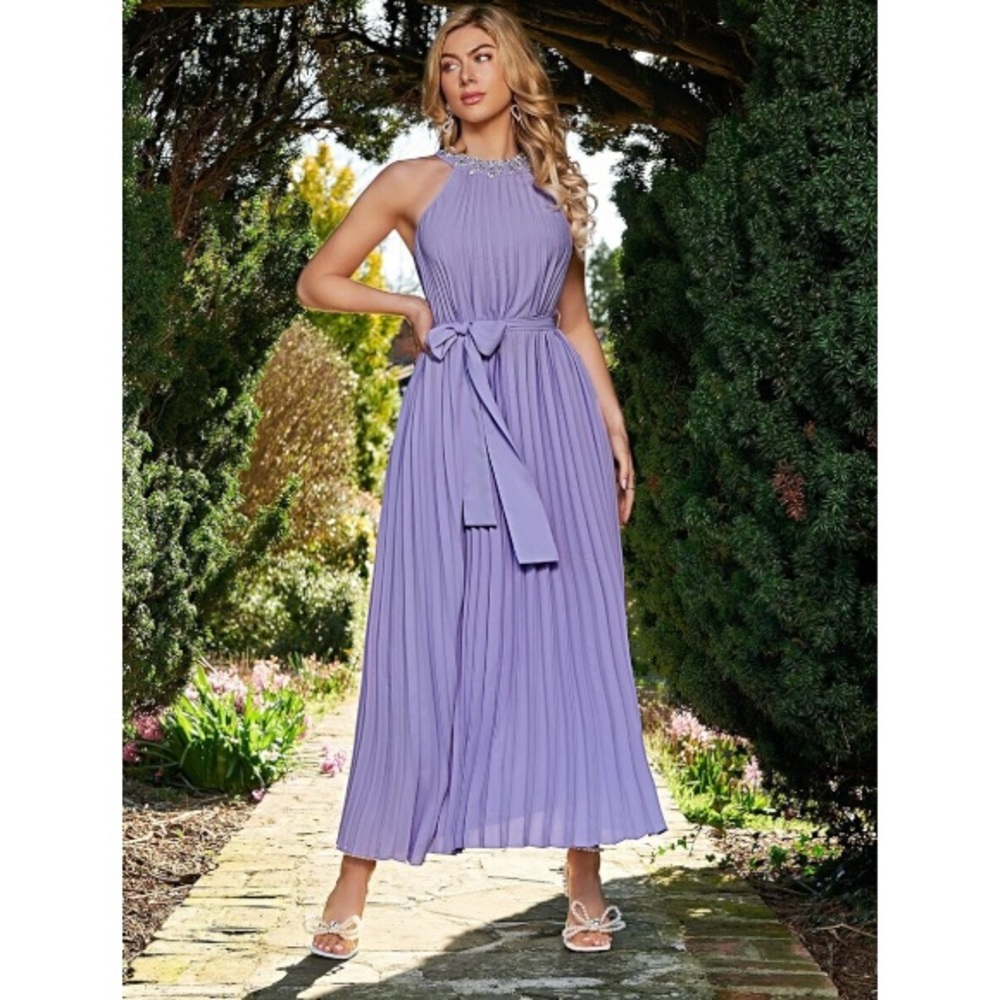 Beautiful Rhinestone Lilac Halter Style Pleated Dress - Picture 1 of 5